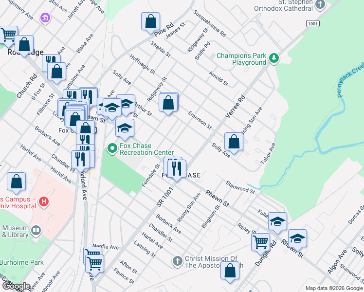 map of restaurants, bars, coffee shops, grocery stores, and more near 8108 Ferndale Street in Philadelphia