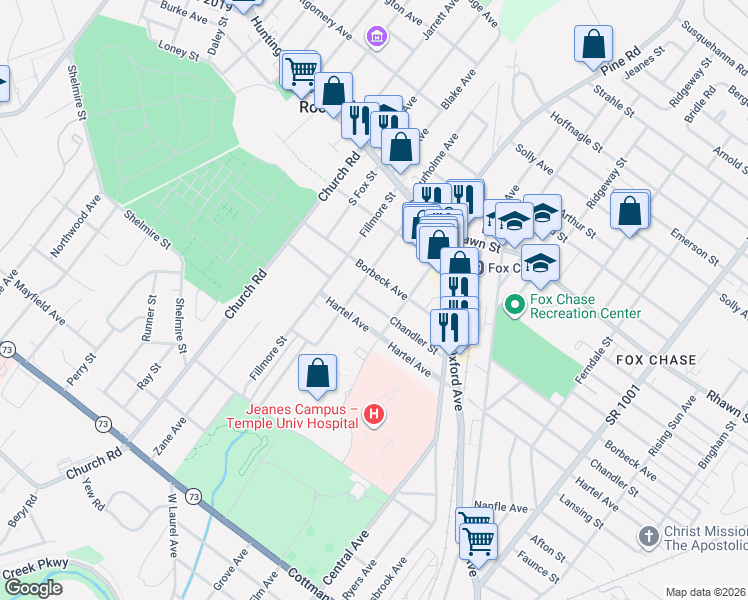 map of restaurants, bars, coffee shops, grocery stores, and more near 222-26 Borbeck Avenue in Philadelphia