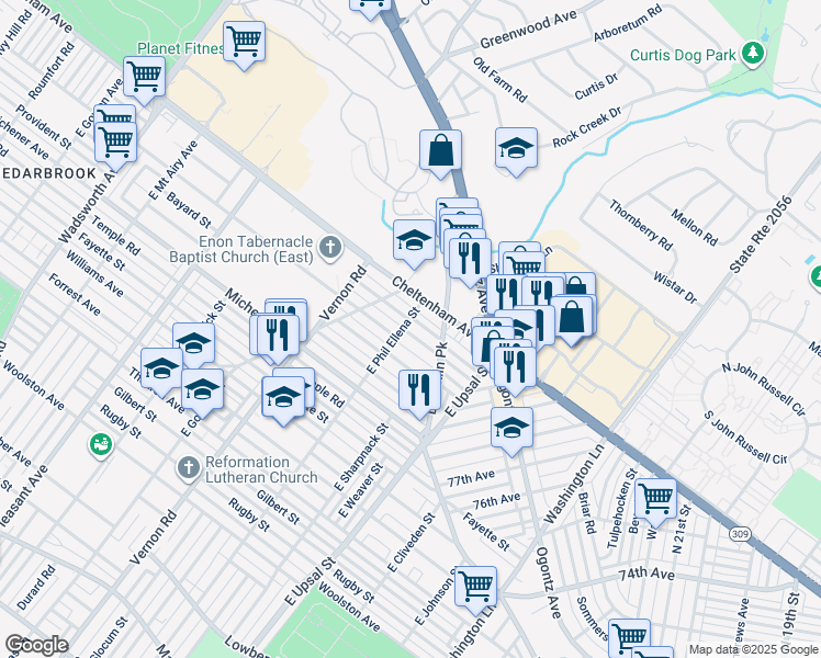 map of restaurants, bars, coffee shops, grocery stores, and more near 7905 Cedarbrook Avenue in Philadelphia