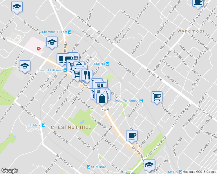 map of restaurants, bars, coffee shops, grocery stores, and more near 200 East Hartwell Lane in Philadelphia
