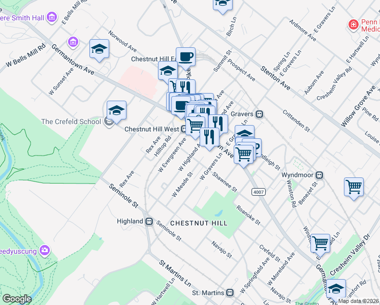 map of restaurants, bars, coffee shops, grocery stores, and more near 40-54 East Evergreen Avenue in Philadelphia