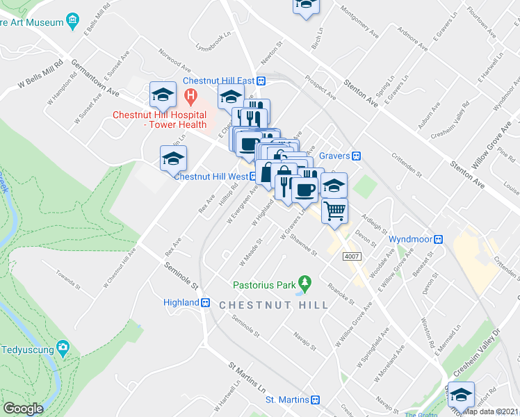 map of restaurants, bars, coffee shops, grocery stores, and more near 40-54 East Evergreen Avenue in Philadelphia