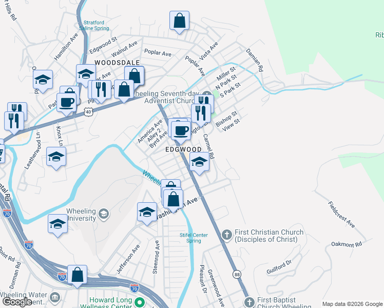 map of restaurants, bars, coffee shops, grocery stores, and more near in Wheeling