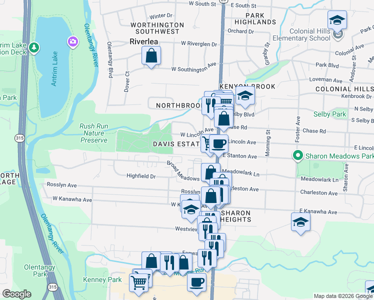 map of restaurants, bars, coffee shops, grocery stores, and more near 115 West Lincoln Avenue in Worthington