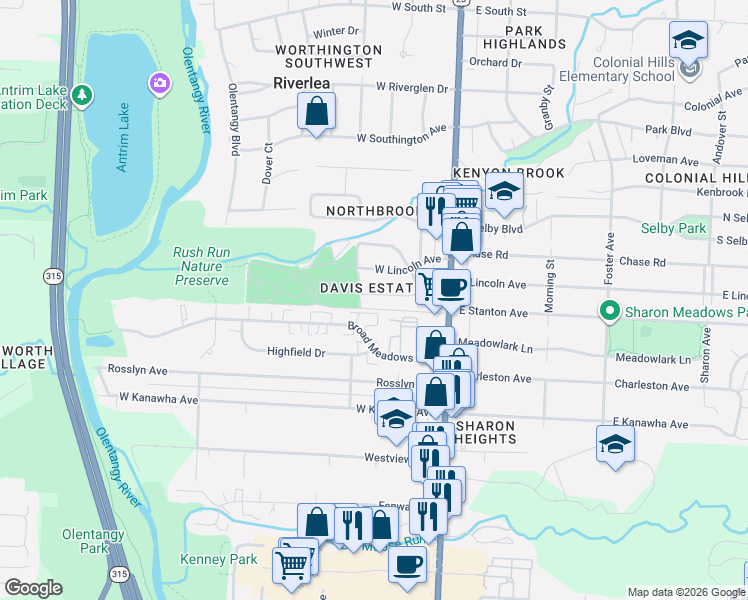 map of restaurants, bars, coffee shops, grocery stores, and more near 115 West Lincoln Avenue in Worthington