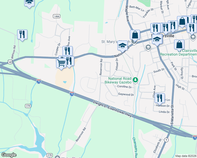 map of restaurants, bars, coffee shops, grocery stores, and more near 300 Johnet Drive in Saint Clairsville