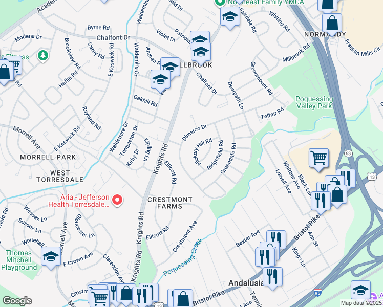 map of restaurants, bars, coffee shops, grocery stores, and more near 136 Hickory Hill Road in Philadelphia