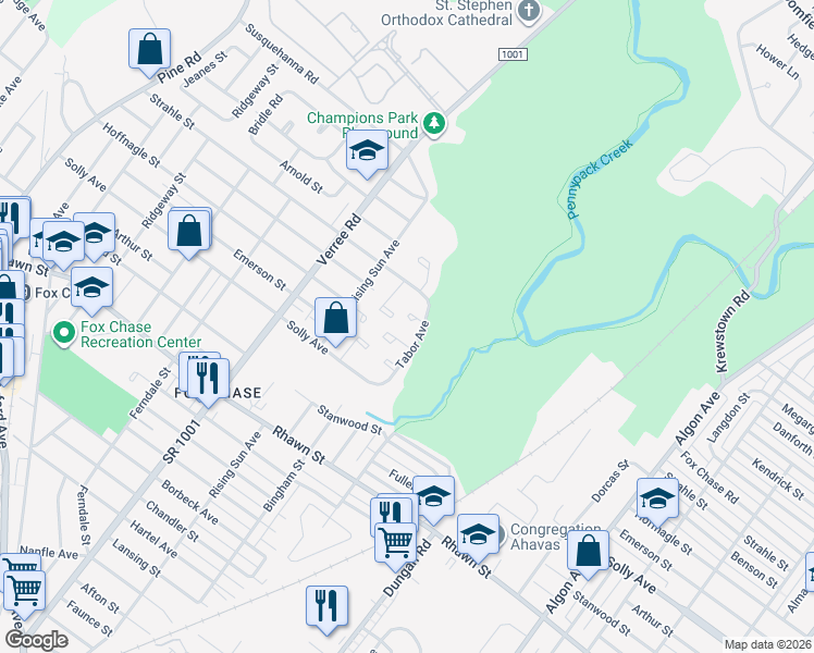 map of restaurants, bars, coffee shops, grocery stores, and more near 8307 Strahle Place in Philadelphia
