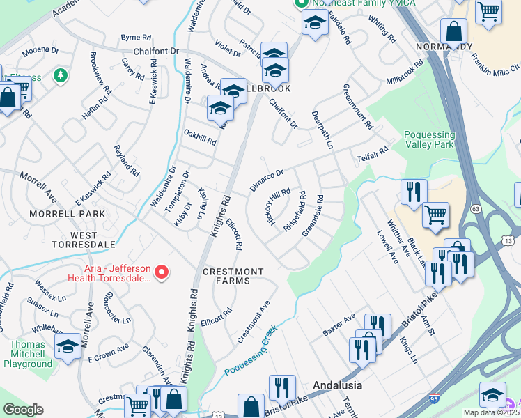 map of restaurants, bars, coffee shops, grocery stores, and more near 136 Hickory Hill Road in Philadelphia