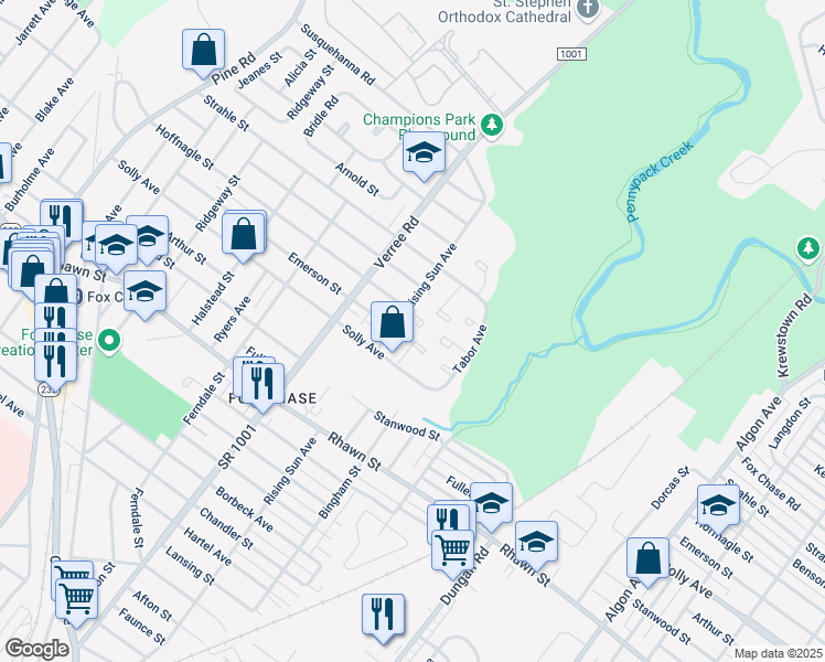 map of restaurants, bars, coffee shops, grocery stores, and more near 8241 Rising Sun Avenue in Philadelphia