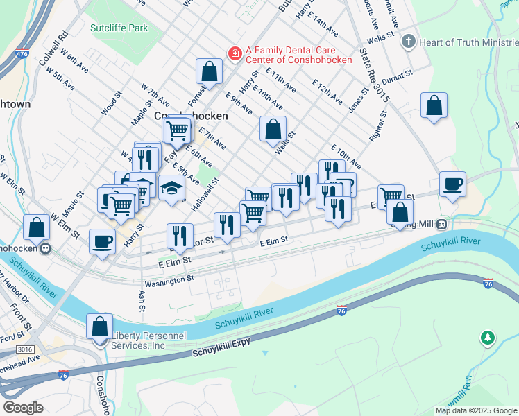 map of restaurants, bars, coffee shops, grocery stores, and more near 532 Spring Mill Avenue in Conshohocken