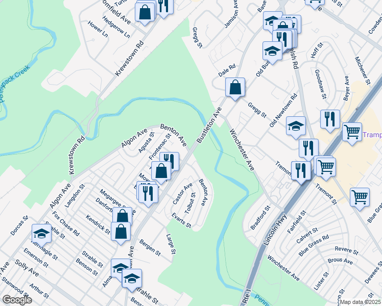 map of restaurants, bars, coffee shops, grocery stores, and more near Benton Ave & Bustleton Ave in Philadelphia