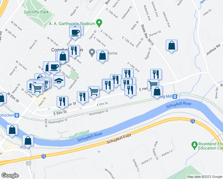 map of restaurants, bars, coffee shops, grocery stores, and more near 617 Spring Mill Avenue in Conshohocken