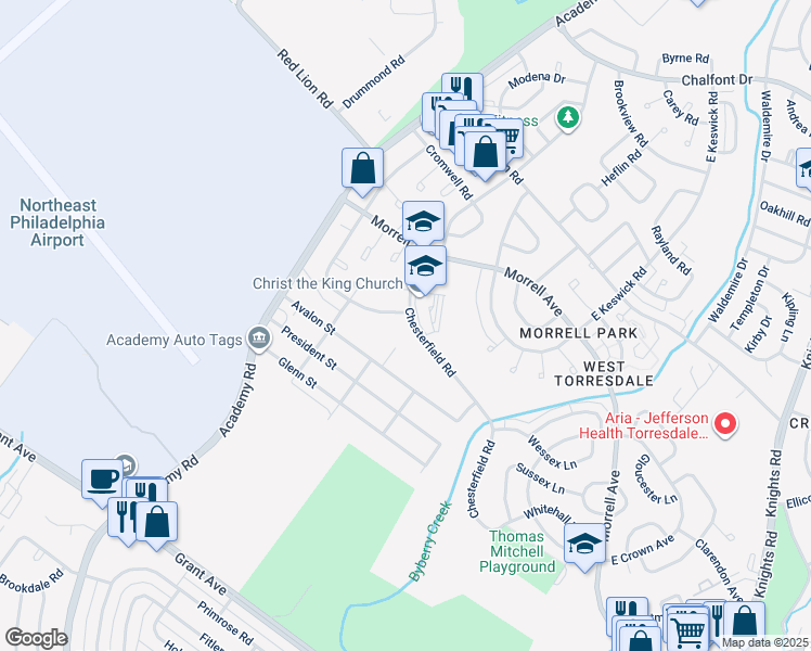 map of restaurants, bars, coffee shops, grocery stores, and more near 3302 Chesterfield Road in Philadelphia