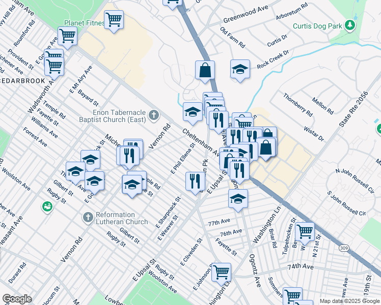 map of restaurants, bars, coffee shops, grocery stores, and more near 7905 Cedarbrook Avenue in Philadelphia