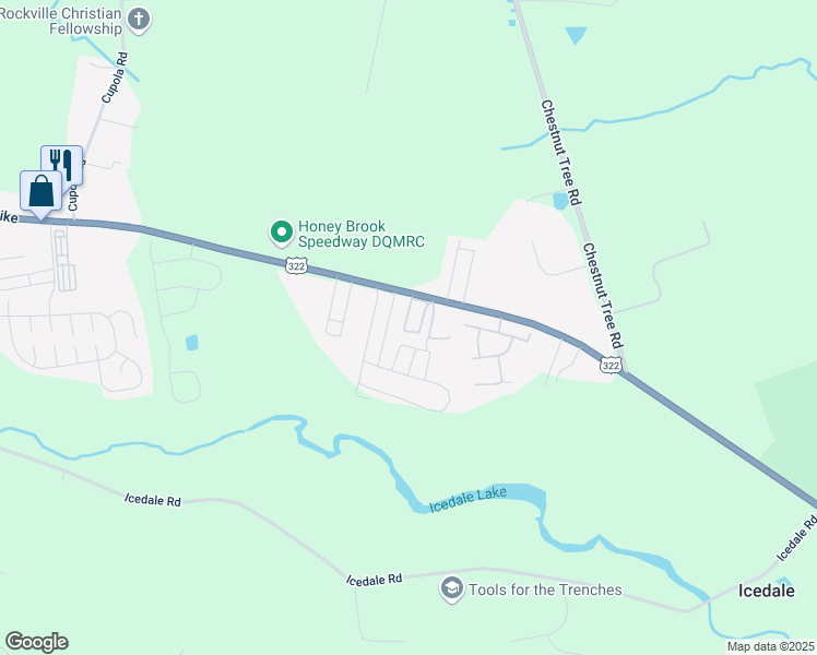 map of restaurants, bars, coffee shops, grocery stores, and more near 41 Gregory Circle in Honey Brook