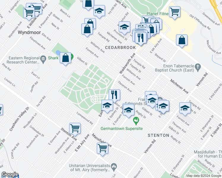 map of restaurants, bars, coffee shops, grocery stores, and more near 1233 Easton Rd in Philadelphia