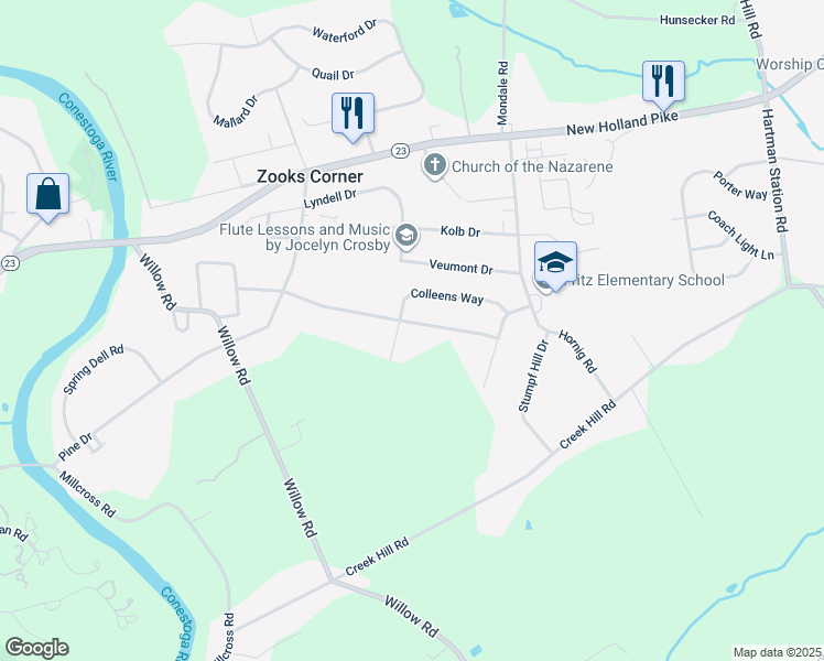 map of restaurants, bars, coffee shops, grocery stores, and more near 2146 Meadow Ridge Drive in Lancaster
