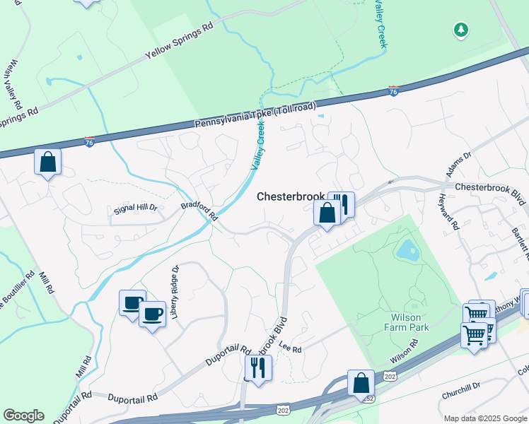 map of restaurants, bars, coffee shops, grocery stores, and more near 221 Carriage Court in Chesterbrook