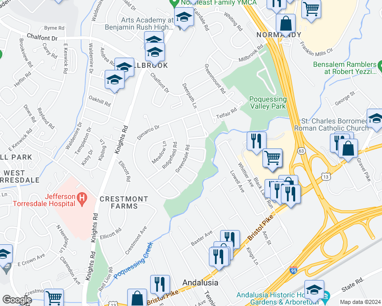map of restaurants, bars, coffee shops, grocery stores, and more near 183 Greendale Road in Philadelphia