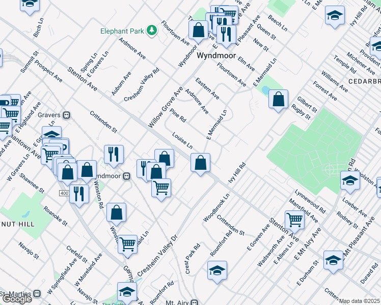 map of restaurants, bars, coffee shops, grocery stores, and more near 7804 Louise Lane in Wyndmoor