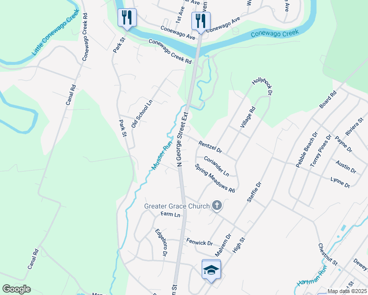 map of restaurants, bars, coffee shops, grocery stores, and more near 5265 North George Street Extension in Manchester
