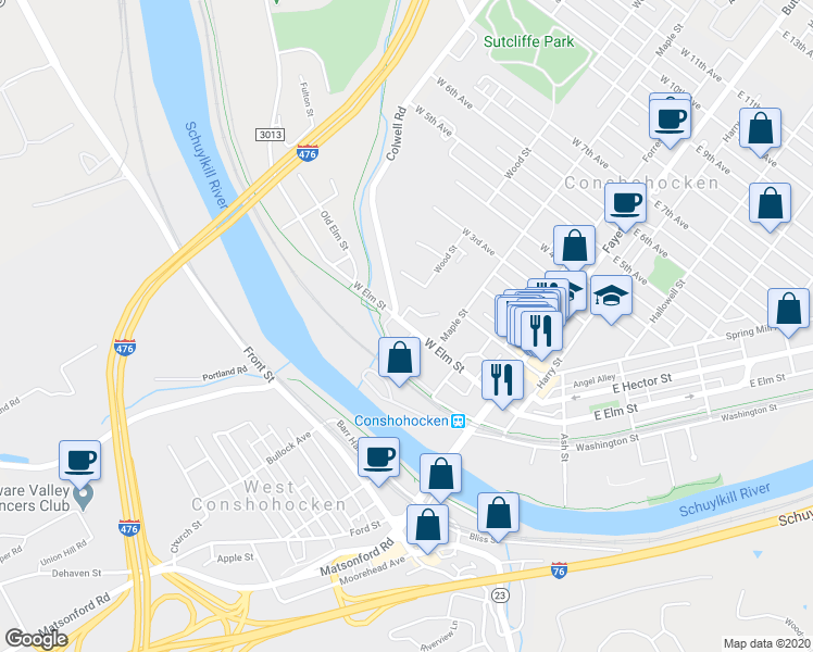 map of restaurants, bars, coffee shops, grocery stores, and more near 346 West Elm Street in Conshohocken