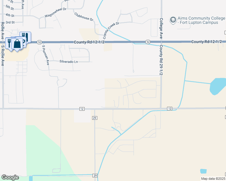 map of restaurants, bars, coffee shops, grocery stores, and more near County Road 12 in Fort Lupton