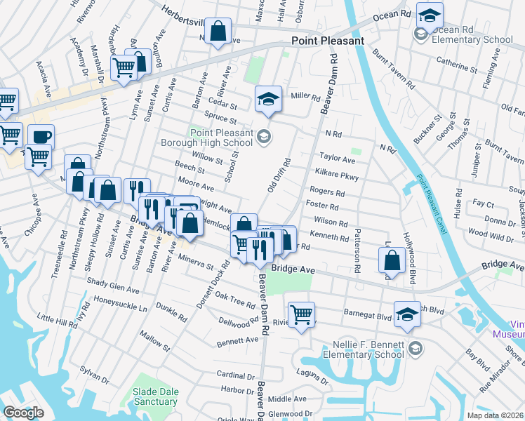 map of restaurants, bars, coffee shops, grocery stores, and more near 2415 Moore Avenue in Point Pleasant