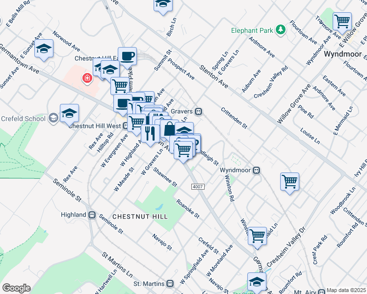 map of restaurants, bars, coffee shops, grocery stores, and more near 8301 Germantown Avenue in Philadelphia