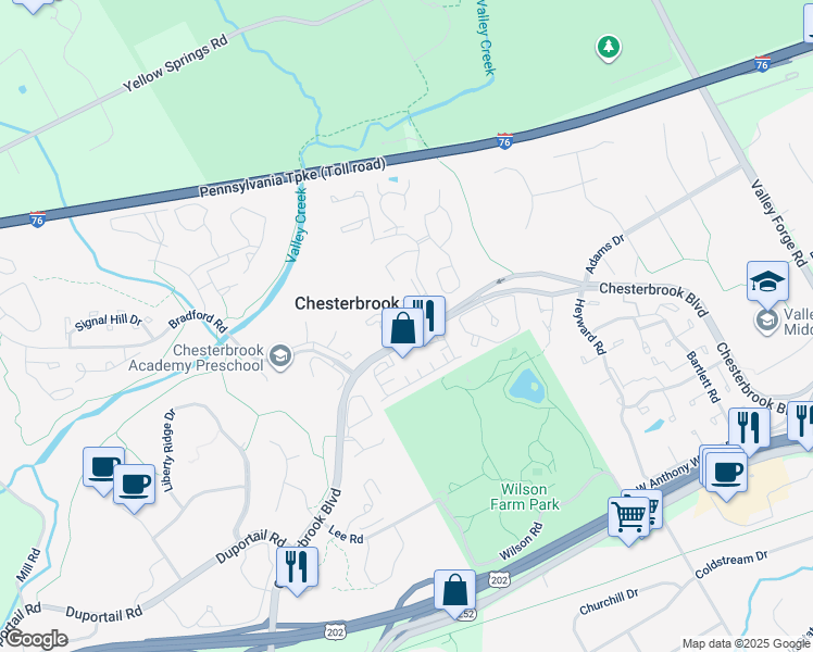 map of restaurants, bars, coffee shops, grocery stores, and more near 1503 Mountainview Drive in Chesterbrook