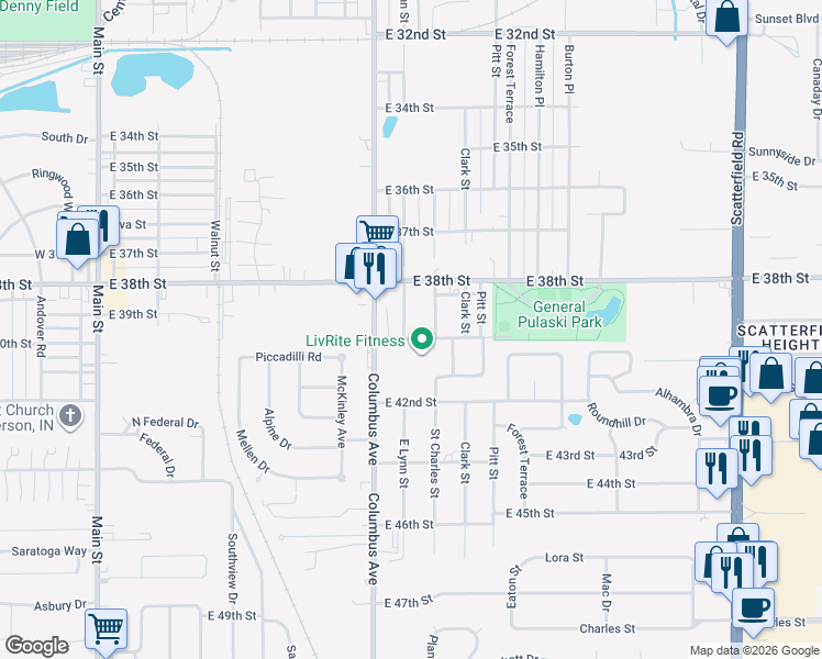 map of restaurants, bars, coffee shops, grocery stores, and more near 3903 Saint Charles Street in Anderson