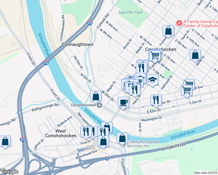 map of restaurants, bars, coffee shops, grocery stores, and more near 32 Maple Street in Conshohocken