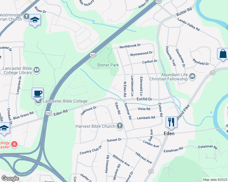 map of restaurants, bars, coffee shops, grocery stores, and more near 1282 Barclay Drive in Lancaster