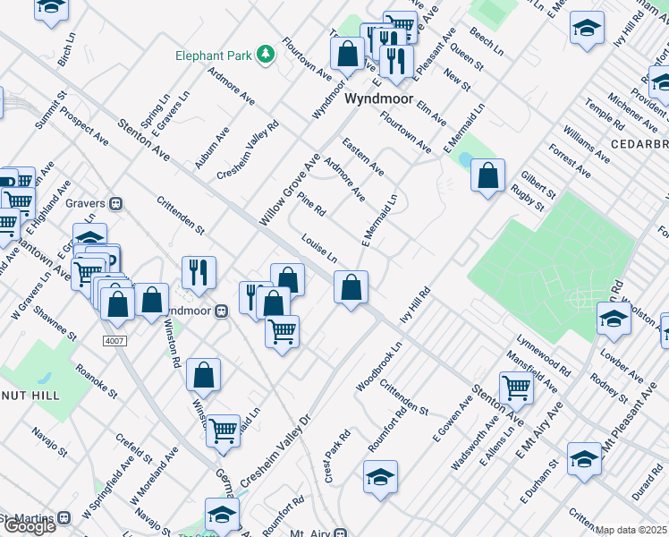 map of restaurants, bars, coffee shops, grocery stores, and more near 7804 Louise Lane in Wyndmoor