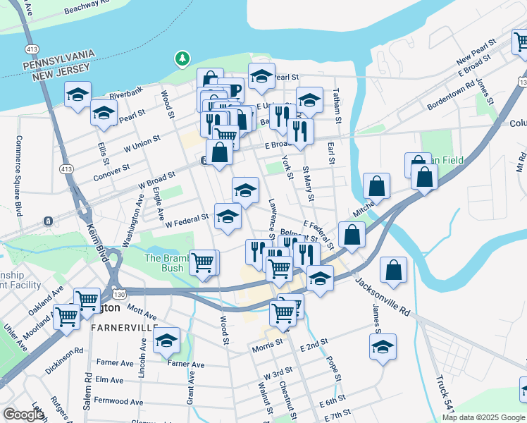 map of restaurants, bars, coffee shops, grocery stores, and more near 17 East Federal Street in Burlington