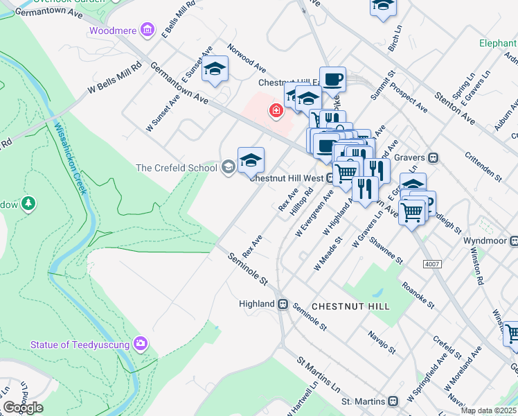 map of restaurants, bars, coffee shops, grocery stores, and more near 204 West Chestnut Hill Avenue in Philadelphia