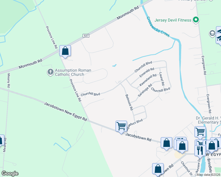 map of restaurants, bars, coffee shops, grocery stores, and more near 4 Province Line Road in Plumsted Township