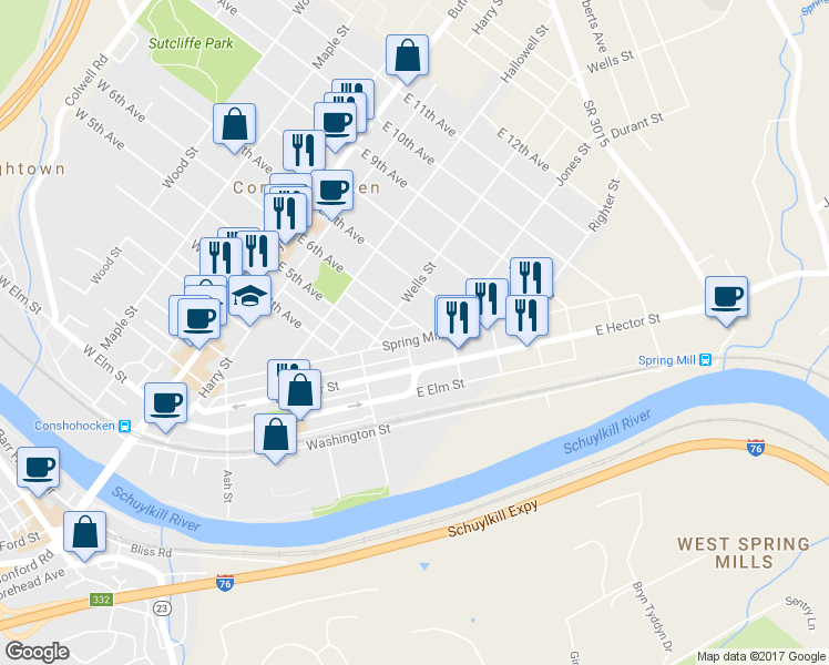 map of restaurants, bars, coffee shops, grocery stores, and more near 532 Spring Mill Avenue in Conshohocken