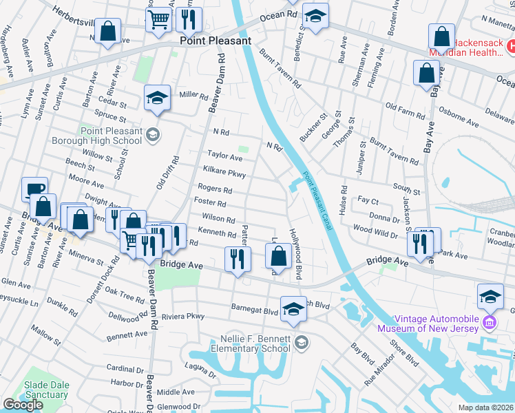 map of restaurants, bars, coffee shops, grocery stores, and more near 2117 Rogers Road in Point Pleasant