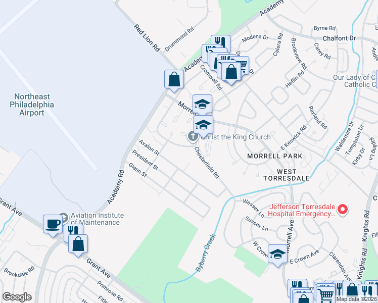 map of restaurants, bars, coffee shops, grocery stores, and more near 9927 South Canterbury Road in Philadelphia