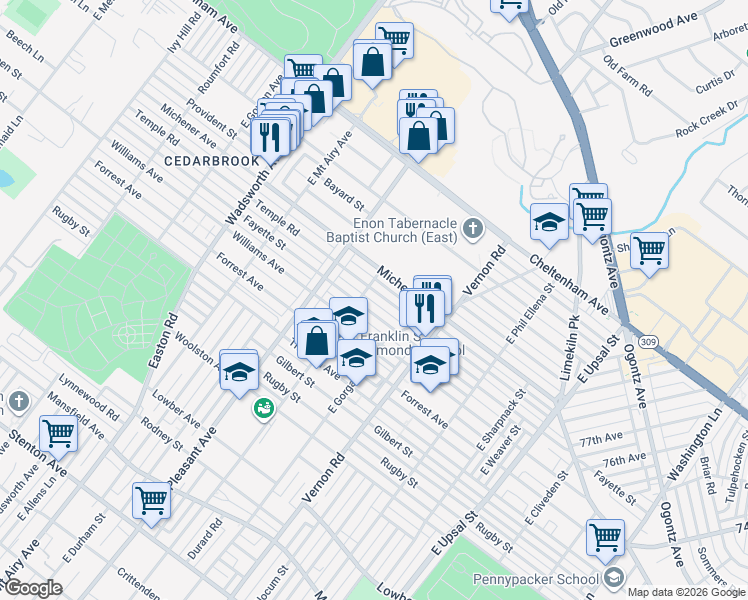 map of restaurants, bars, coffee shops, grocery stores, and more near 8102 Temple Road in Philadelphia