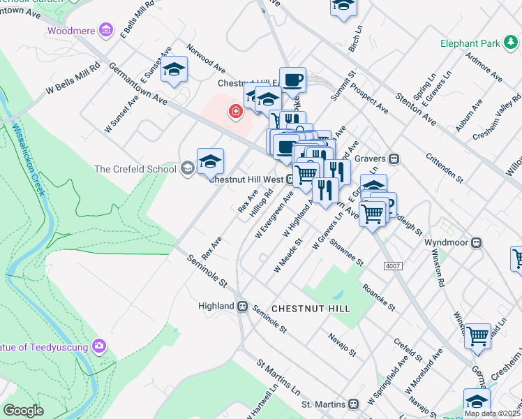 map of restaurants, bars, coffee shops, grocery stores, and more near 114 Hilltop Road in Philadelphia