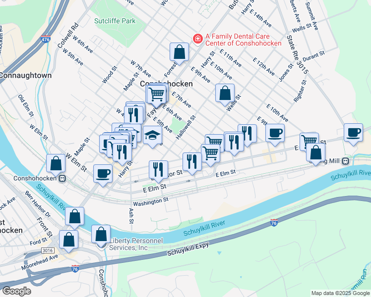 map of restaurants, bars, coffee shops, grocery stores, and more near 212 East 5th Avenue in Conshohocken