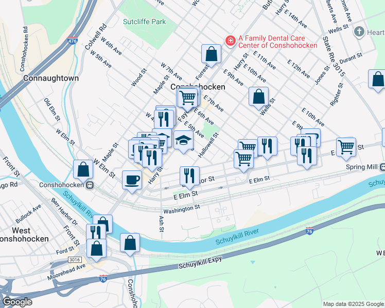 map of restaurants, bars, coffee shops, grocery stores, and more near 134 East 4th Avenue in Conshohocken