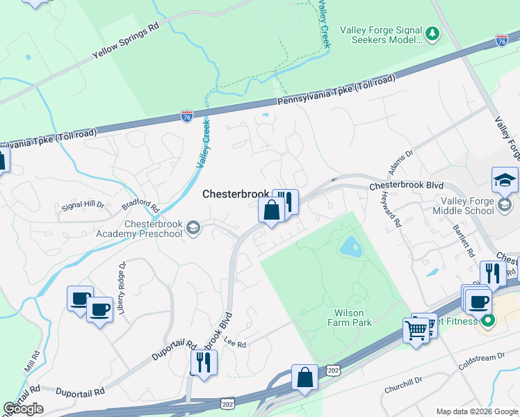 map of restaurants, bars, coffee shops, grocery stores, and more near 1010 Mountainview Drive in Chesterbrook