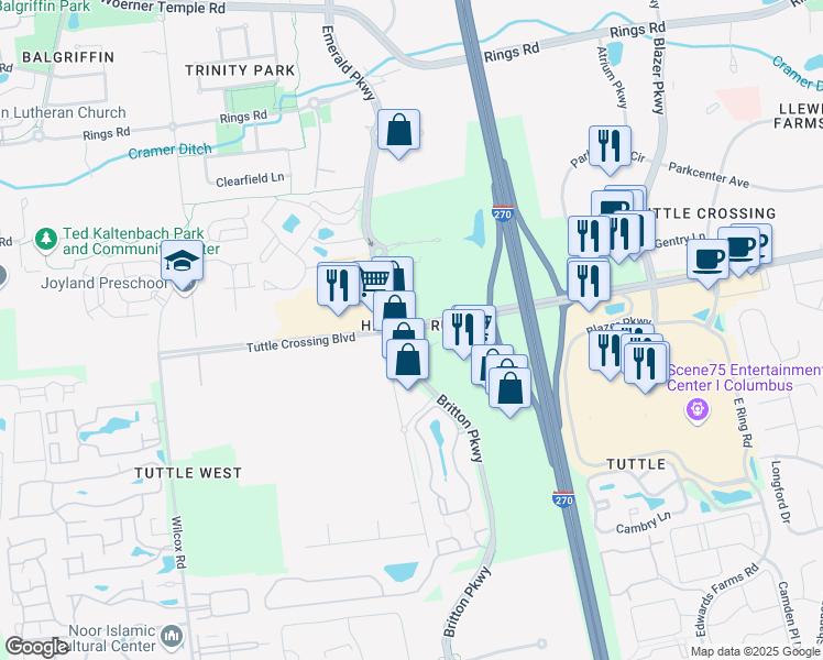 map of restaurants, bars, coffee shops, grocery stores, and more near 6060 Britton Parkway in Dublin
