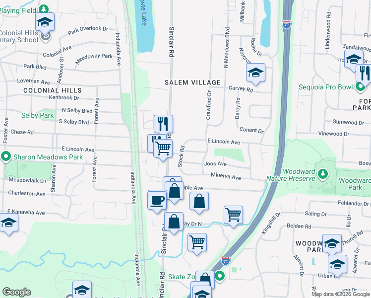 map of restaurants, bars, coffee shops, grocery stores, and more near 5395 Stock Road in Columbus