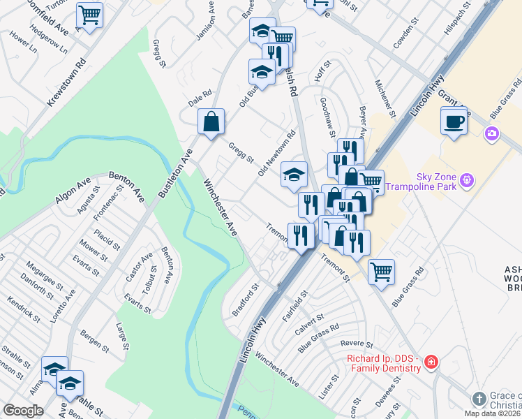 map of restaurants, bars, coffee shops, grocery stores, and more near 9112 Bickley Street in Philadelphia