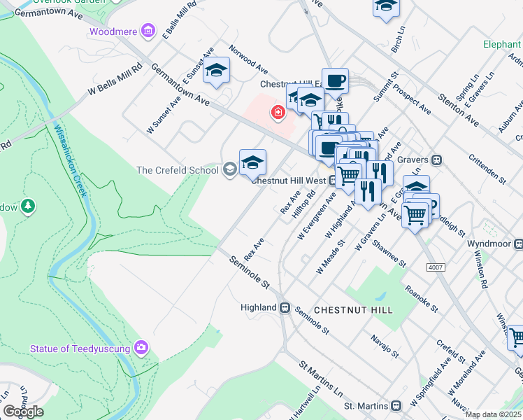 map of restaurants, bars, coffee shops, grocery stores, and more near 204 West Chestnut Hill Avenue in Philadelphia